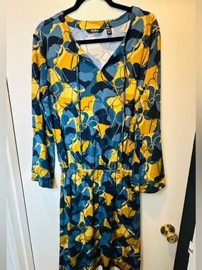 Du Jour Blue and Yellow Floral-Print Long-Sleeve Dress